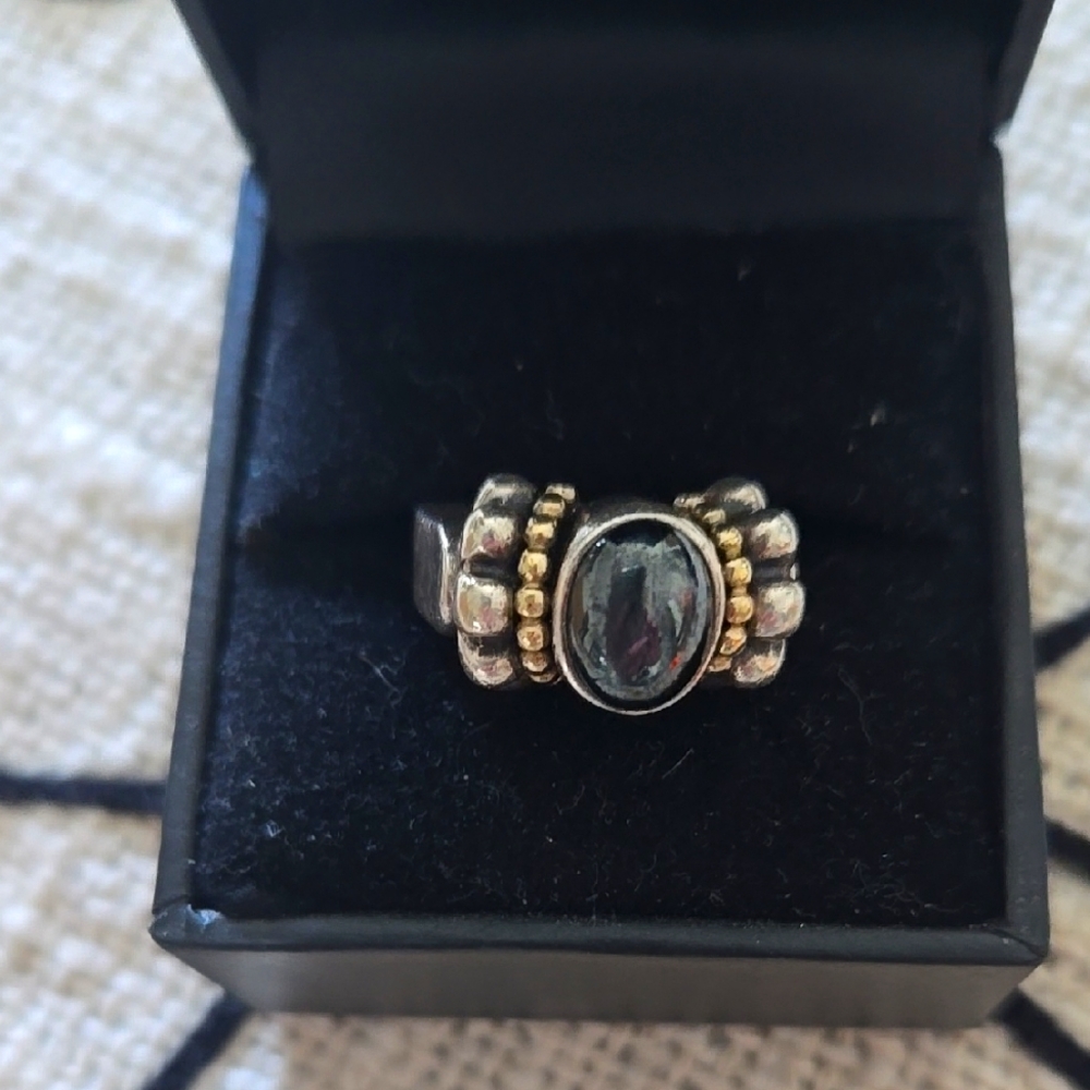 LAGOS Elegant  STERLING Silver and 18k Gold Hematite Ring .